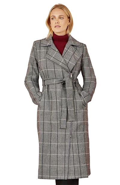Yumi Women's Check Oversize Long Biker Coat