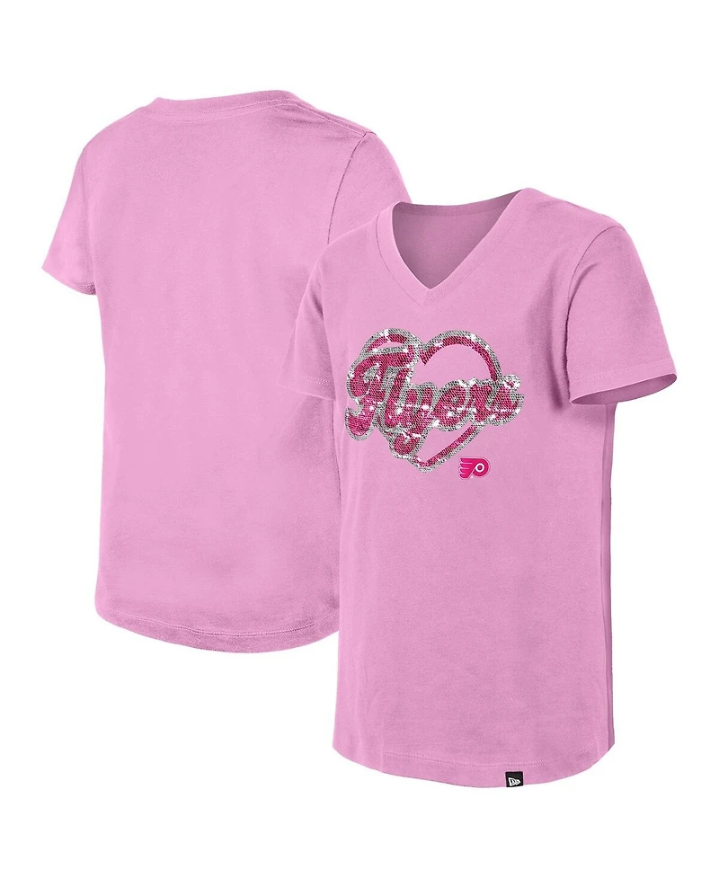 New Era Girl's Big Boys and Girls Pink Philadelphia Flyers Flip Sequin V-Neck T-Shirt