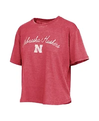 Pressbox Women's Scarlet Nebraska Huskers Vintage Waist Length Script Over Logo T-Shirt