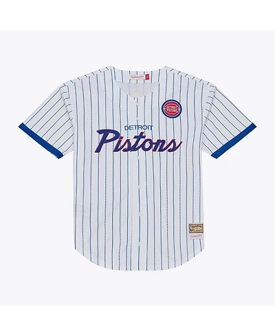 Mitchell & Ness Men's White Detroit Pistons Head Coach Pinstripe Mesh Full-Button Baseball Jersey