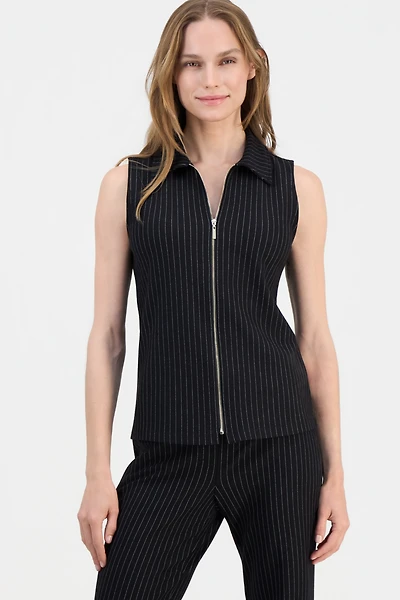 Anne Klein Women's Pinstriped Zip-Front Sleeveless Top