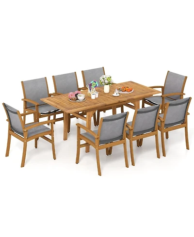 Sugift 9-Piece Acacia Wood Outdoor Patio Dining Set with Expandable Table