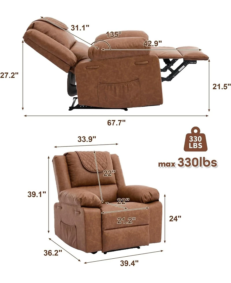 gaomon Oversized Pu Leather Manual Recliner with Vibration, Heating and Side Pocket. Perfect for Living Room or Bedroom