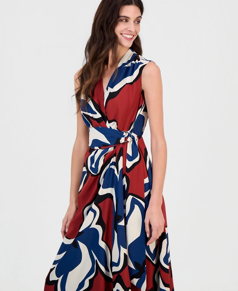 Anne Klein Women's Printed Faux-Wrap Tie-Waist Midi Dress