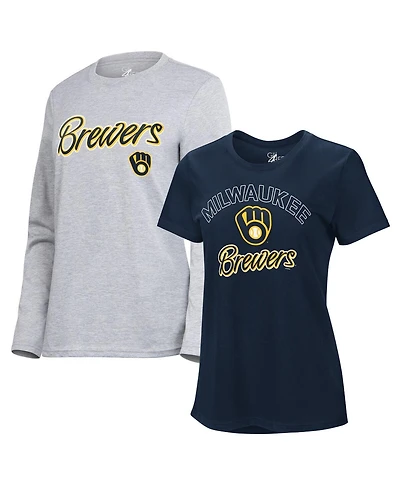 G-iii 4Her by Carl Banks Women's Navy/Heather Gray Milwaukee Brewers Short-Sleeve and Long-Sleeve T-Shirt Combo Pack