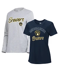 G-iii 4Her by Carl Banks Women's Navy/Heather Gray Milwaukee Brewers Short-Sleeve and Long-Sleeve T-Shirt Combo Pack