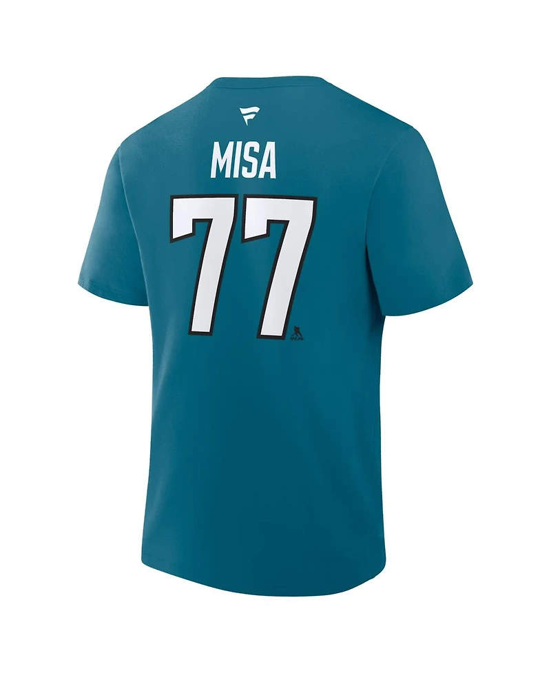 Fanatics Men's Michael Misa Teal San Jose Sharks Authentic Stack Name and Number T-Shirt