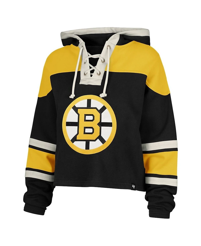 '47 Brand Women's Jeremy Swayman Black Boston Bruins Superior Lacer Cropped Pullover Hoodie