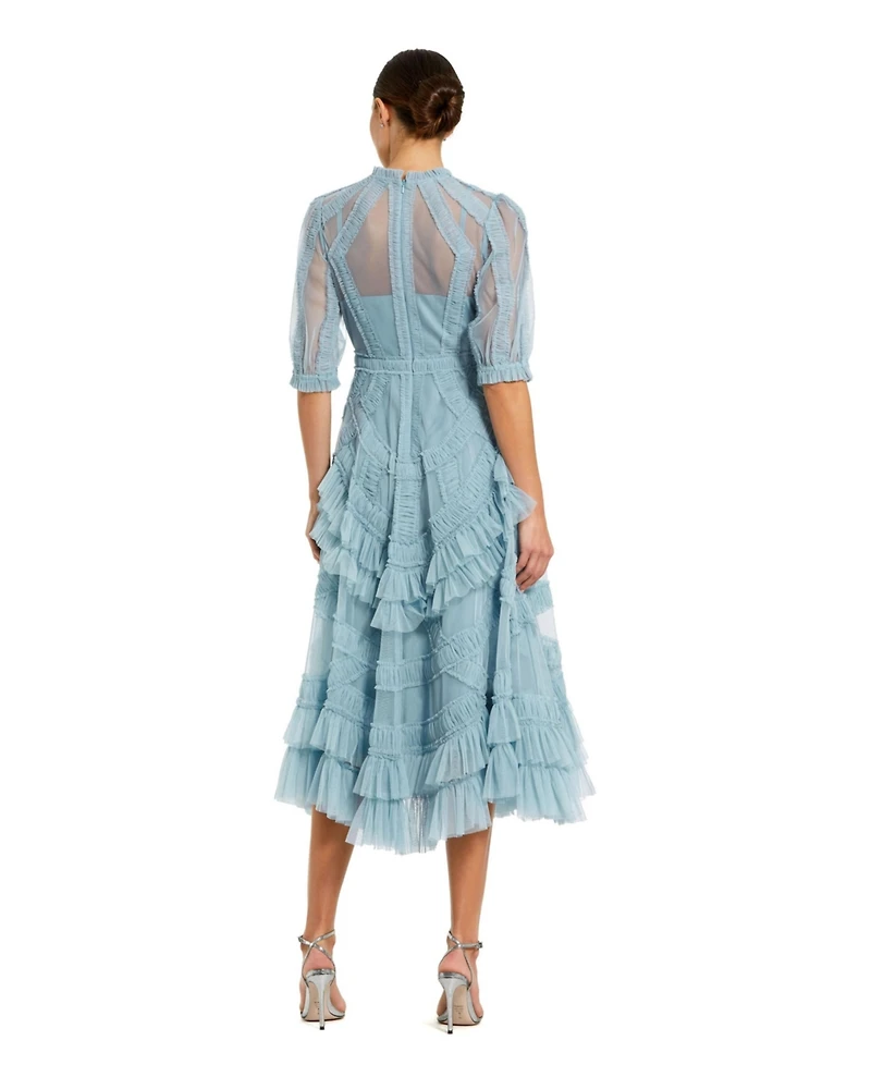 Mac Duggal Women's High Neck Puff Sleeve Ruffle Tiered Dress