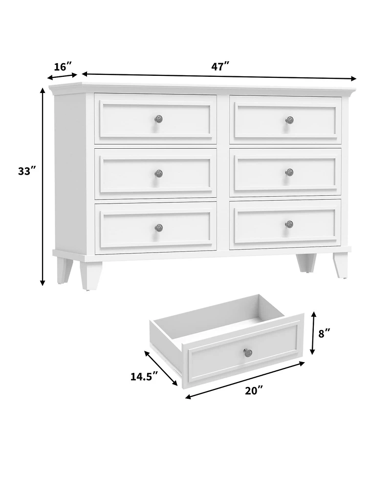 homfan Modern 6 Drawer Wide Wooden Dresser - Large Storage Chest with Exquisite Metal Handles