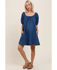 Pinkblush Maternity Navy Chambray Jacquard Puff Sleeve Mini Dress
