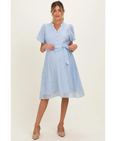 Pinkblush Maternity Blue Floral Embroidered Tie Waist Dress