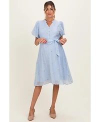 Pinkblush Maternity Blue Floral Embroidered Tie Waist Dress