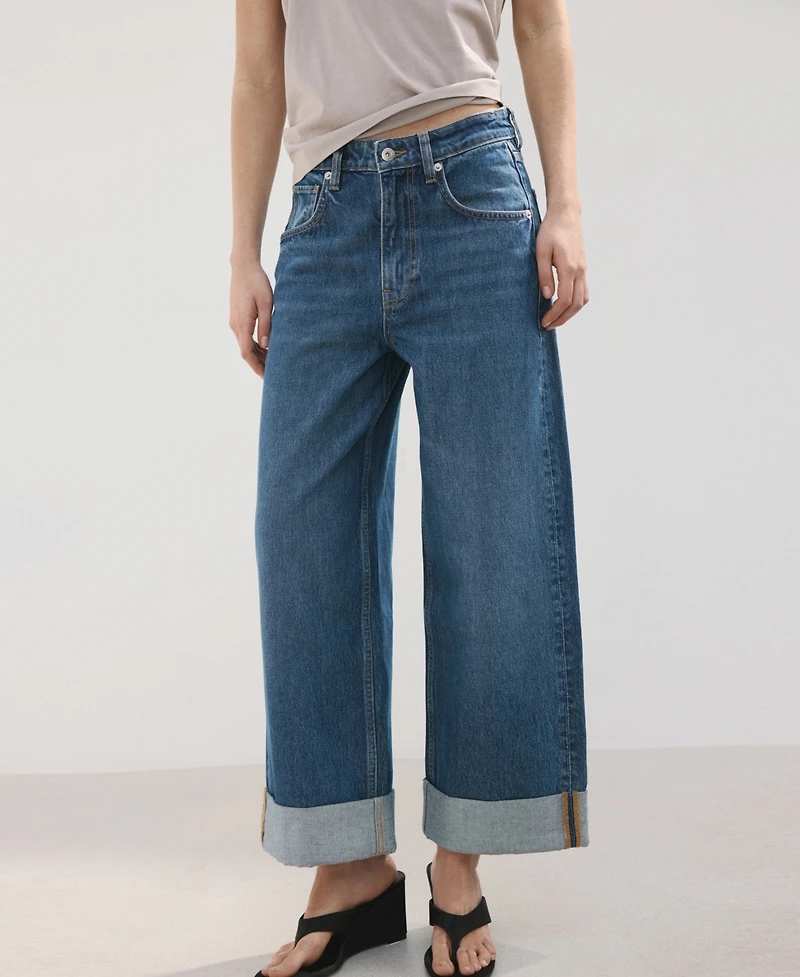 Mango Women's Turn-Up Hem Wide Leg Jeans