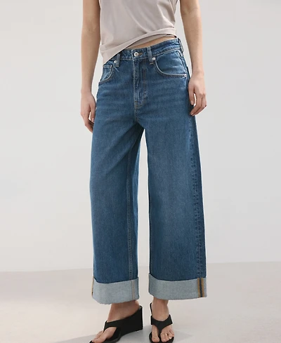 Mango Women's Turn-Up Hem Wide Leg Jeans