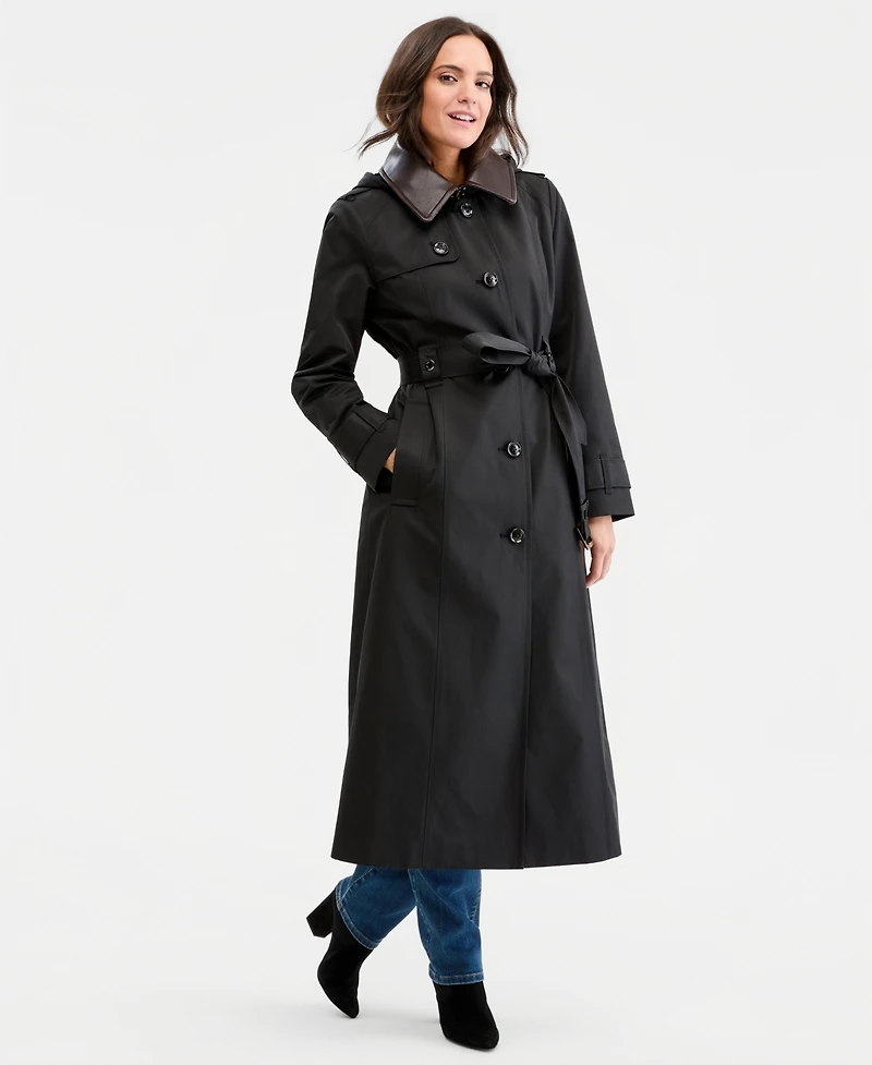 London Fog Women's Faux-Leather-Collar Maxi Trench Coat