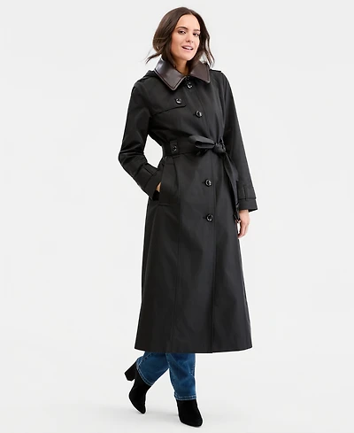London Fog Women's Faux-Leather-Collar Maxi Trench Coat