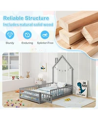 Sugift Twin Size Montessori Floor Bed with Lockable Door and Full-Length Guardrail