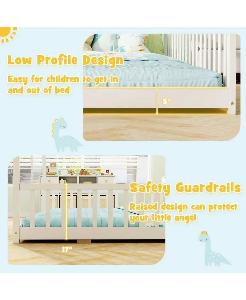 Sugift Double Floor Bed for Twins House Beds with Safety Guardrails for 2 Kids