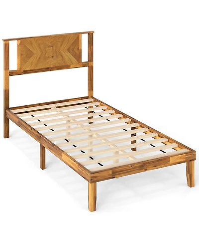 Sugift Twin Size Bed Frame Mid-Century Acacia Wood Platform Bed with Headboard