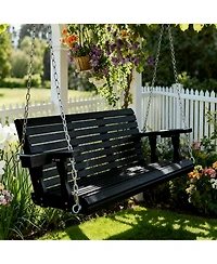 Mega Casa Wooden Porch Swing 3-Seater, High Backrest and Deep Seat, Bench with Cupholders, for Outdoor Patio Garden (Cedar Tone, 5 Ft Extra Larg