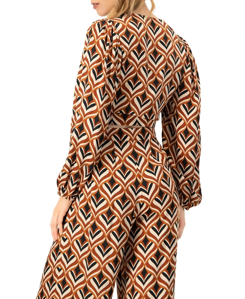 Ivonne Women's V-Neck Geometric Print Blouse with Bottom Tie