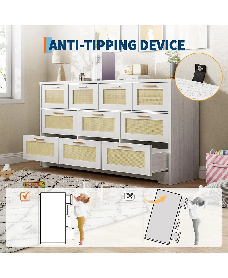 gaomon 10 Drawer Rattan Dresser for Bedroom, Modern Farmhouse Wooden Storage Cabinet with Handles