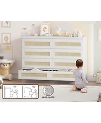 gaomon 8 Drawer Rattan Dresser for Bedroom, Double Wood Chest of Drawers Tv Stand