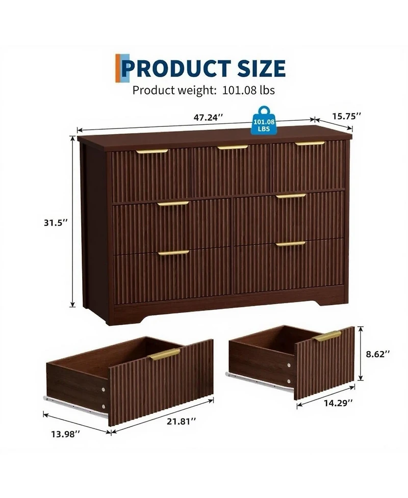 gaomon Fluted 7 Drawer Dresser for Bedroom, 47.24" Wide Modern Wood Chest with Metal Handles Storage Cabinet Tv Stand