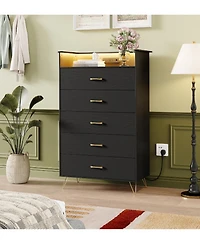 gaomon Tall 5 Drawer Dresser with Rgb Led Lights and Charging Station, Wood Storage Cabinet for Bedroom
