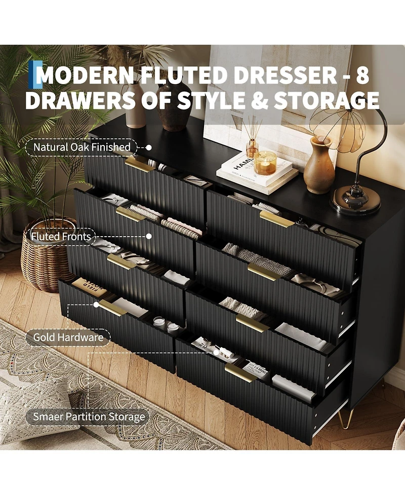 gaomon Fluted 8 Drawer Dresser for Bedroom, 55" Wide Wood Chest with Metal Handles Storage Cabinet
