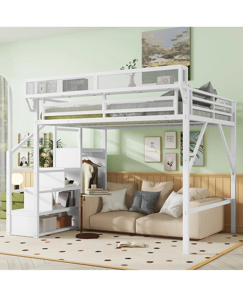 Streamdale Furniture Metal Loft Bed with Stairs and Storage