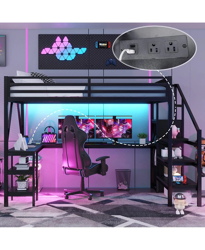 Streamdale Furniture Loft Bed with Wardrobe, Desk and Led Light