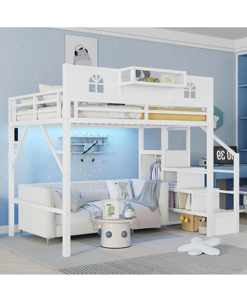 Streamdale Furniture Metal Full Loft Bed with Stairs and Wardrobe