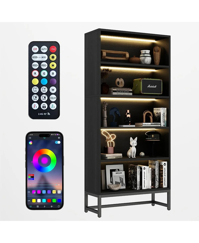 Streamdale Furniture Led 5-Tier Tall Bookcase with Storage