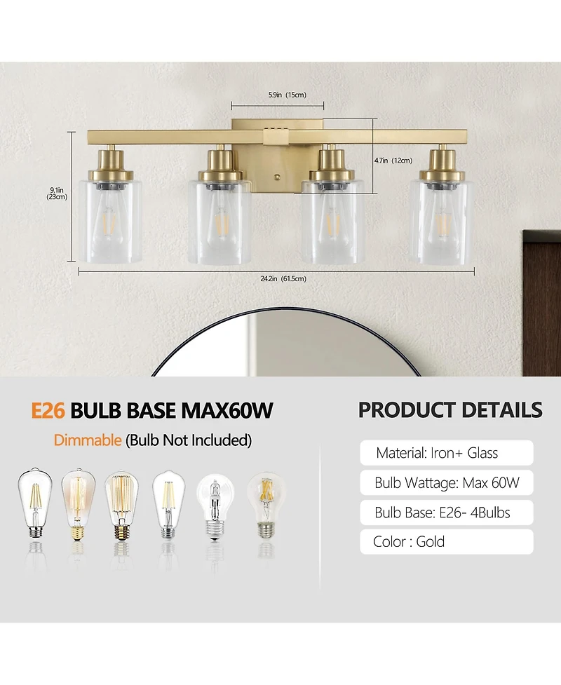 Busdays 24 Inch 4 Light Vanity Light with Clear Glass Shades Modern Iron Metal Bathroom Wall Fixture for Mirror Bathroom Dressing Table No Bulbs
