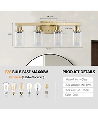 Busdays 24 Inch 4 Light Vanity Light with Clear Glass Shades Modern Iron Metal Bathroom Wall Fixture for Mirror Bathroom Dressing Table No Bulbs
