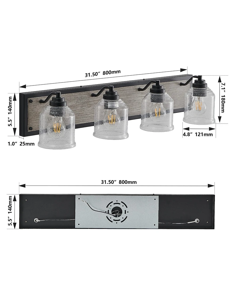 Busdays 32 Inch Farmhouse Vanity Light Fixture 4 Light Bathroom Wall Sconce with Clear Seeded Glass Shades and Wood Grain Finish