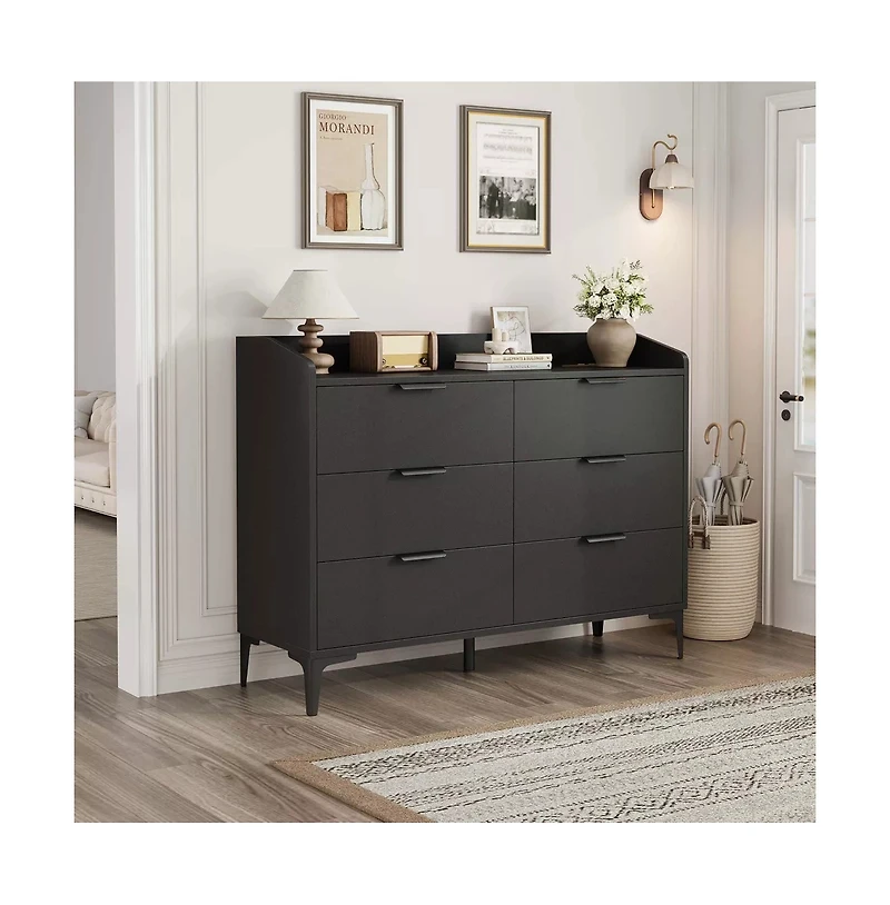 gaomon 6 Drawer Dresser with Power Outlets and Usb Ports Wide Modern Wooden Storage Chest for Bedroom