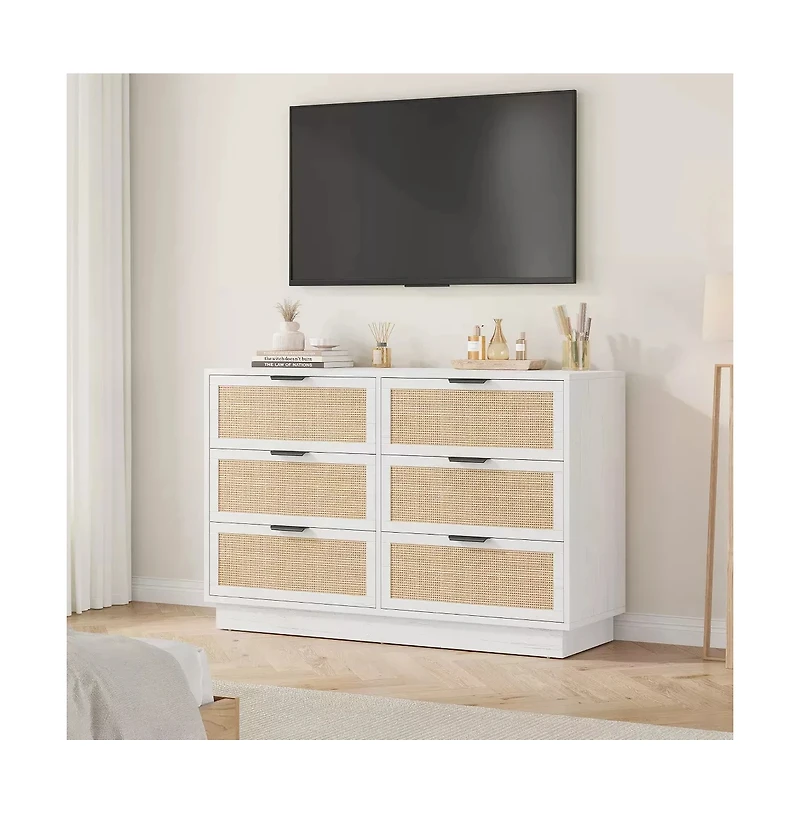 gaomon Rattan 6 Drawer Dresser with Metal Handles, 47" Wide Double Storage Chest for Bedroom Home Office