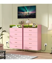 gaomon Tall 5 Drawer Dresser with Rgb Led Lights and Charging Station, Wood Storage Cabinet for Bedroom