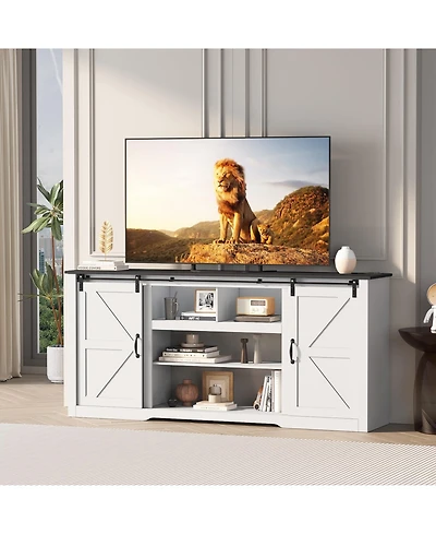 gaomon 70" Farmhouse Tv Stand for TVs up to 80", Entertainment Center with Sliding Barn Doors, Shelves and Charging Ports