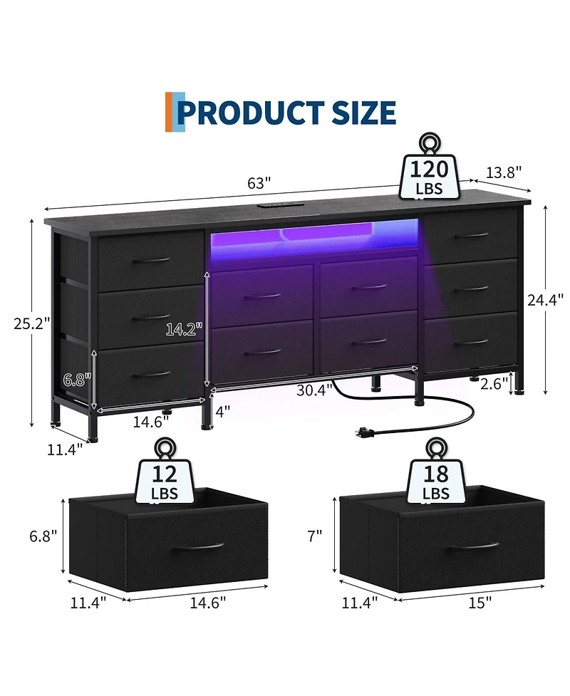 gaomon Tv Stand Dresser with 10 Fabric Drawers for TVs, Entertainment Center with Led Lights and Power Outlets