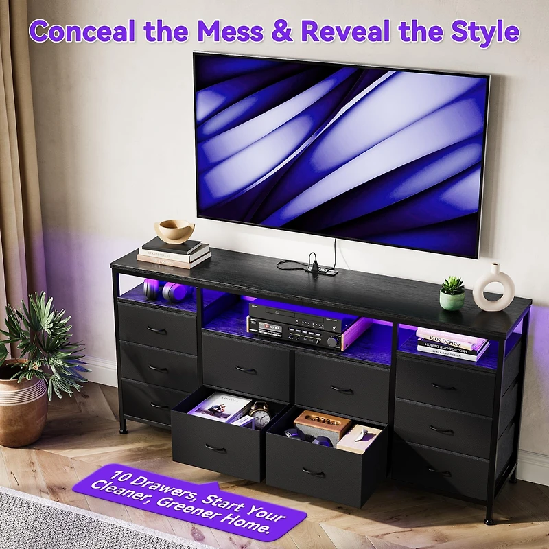 gaomon 63" Tv Stand Dresser with 10 Fabric Drawers for 65-75" TVs, Entertainment Center Led Lights and Power Outlets