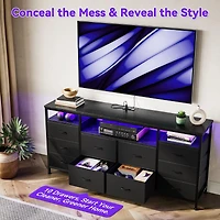 gaomon 63" Tv Stand Dresser with 10 Fabric Drawers for 65-75" TVs, Entertainment Center Led Lights and Power Outlets