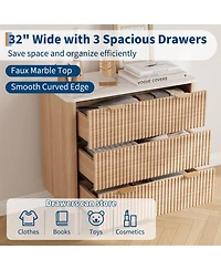 homfan Wide Fluted Nightstands Set of 2 with Faux Marble Top and Curved Profile, 3-Drawer Large Bedside Table for Bedroom, Living Room and Hallway