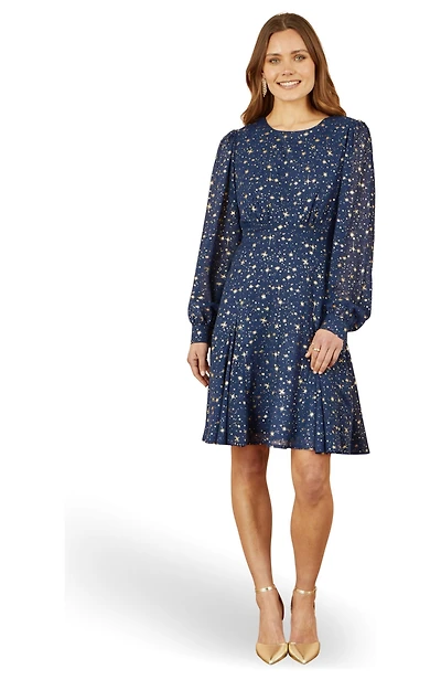 Yumi Women's Star Print Foil Long Sleeve Dress