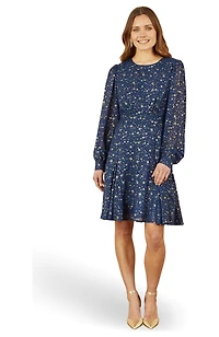 Yumi Women's Star Print Foil Long Sleeve Dress