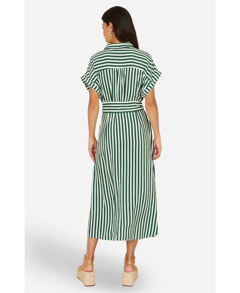 Yumi Women's Stripe Print Belted Midi Shirt Dress