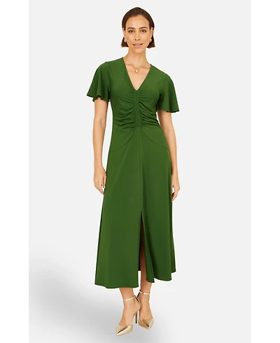 Yumi Women's Ruched Front Stretch Midi Dress